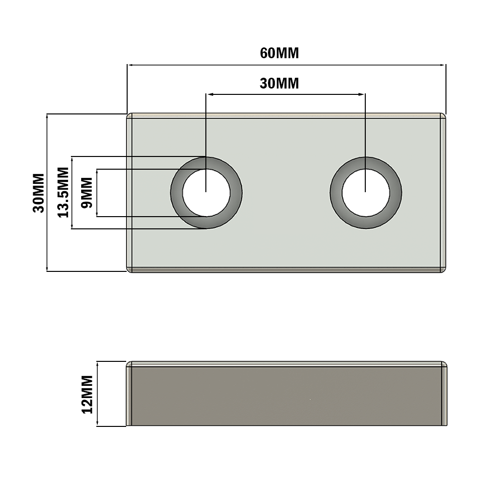 32-3060WS-3 FOOT & CASTER CONNECTING PLATE<BR>30MM X 60MM NO HOLES, SOLID ALUMINUM W/HARDWARE